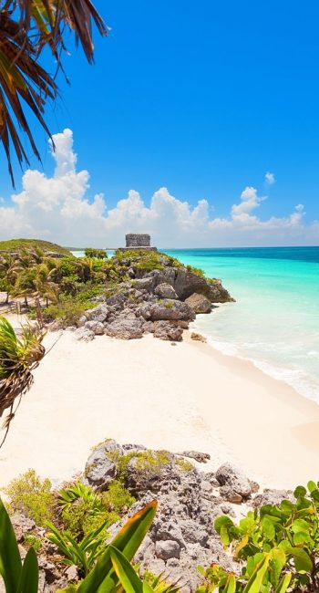 Ancient Mayan ruins in Tulum, Mexico. Iconic image of Caribbean sea