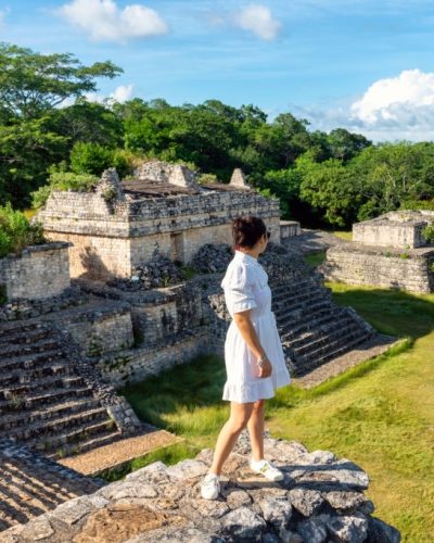 Tourist visiting Mayan ruins in Yucatan, Mexico